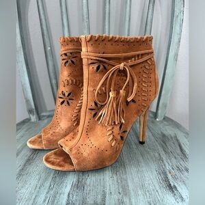 Ivanka Trump Tan Suede Peep Toe Ankle Boots